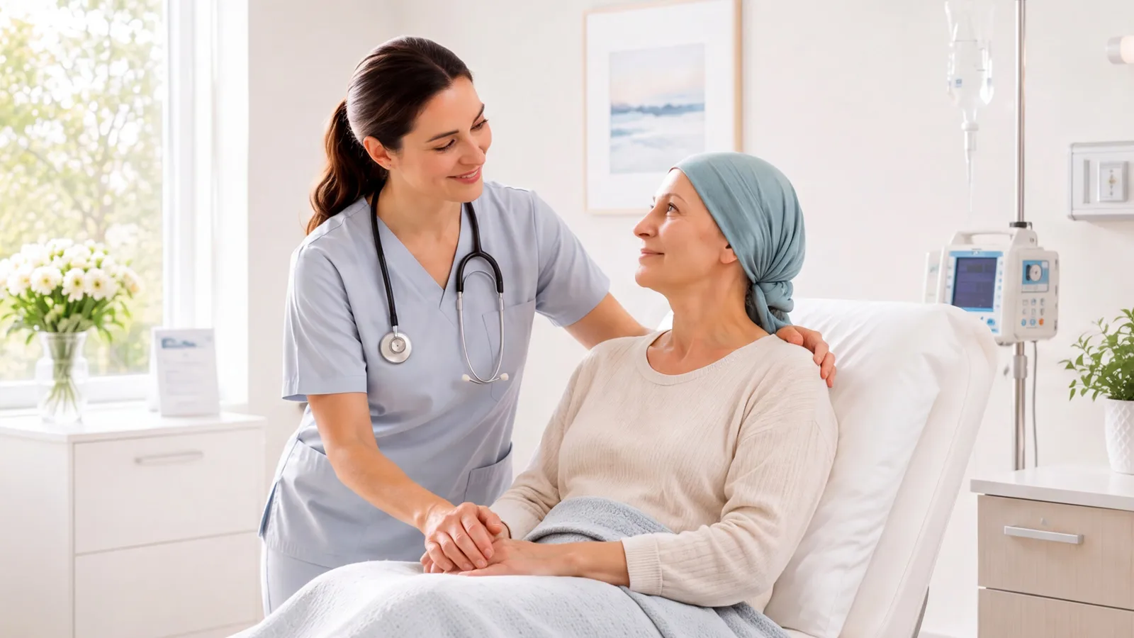 An oncology nurse rests a hand on the shoulder of a seated patient wearing a headscarf and holds her hand, in a bright infusion room.