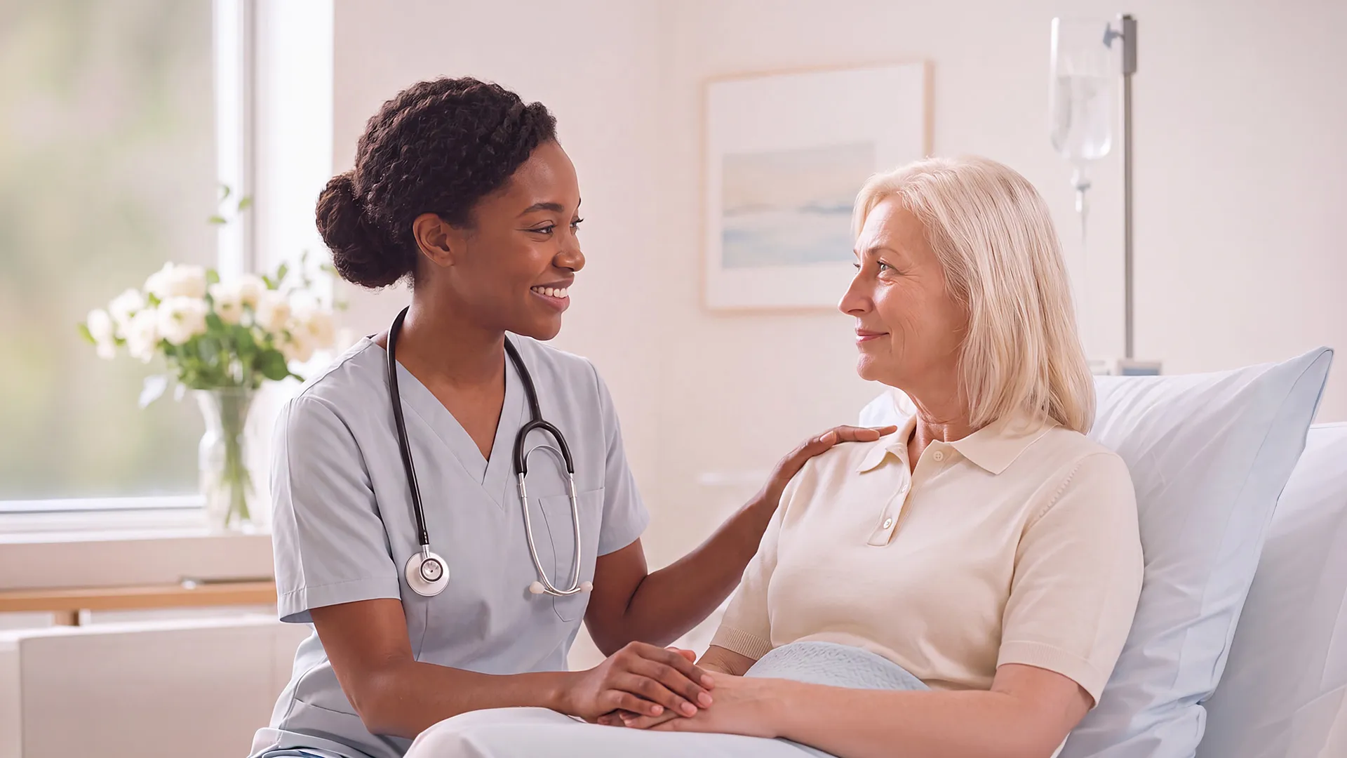 A nurse sitting with an older patient, holding her hand and talking with her